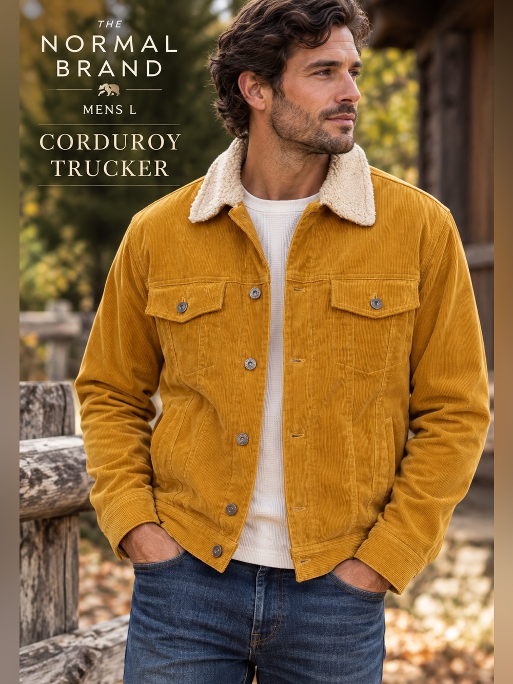 The Normal Brand Mens LG Mustard Corduroy Faux Shearling Trucker Jacket heritage